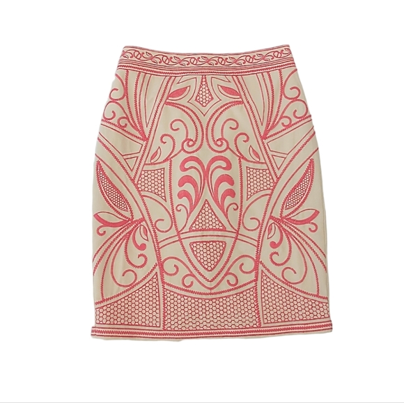 Champagne & Strawberry Beige & Pink Geometric Embroidered Pencil Skirt - Picture 1 of 10